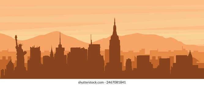 Brown panoramic poster of the city skyline with misty background buildings, sunrise, clouds and mountains of NEW YORK, UNITED STATES