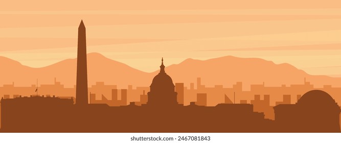 Brown panoramic poster of the city skyline with misty background buildings, sunrise, clouds and mountains of WASHINGTON, UNITED STATES