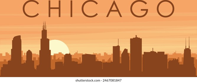 Afiche panorámico marrón del horizonte de la ciudad con edificios de fondo brumoso, amanecer, nubes y montañas de CHICAGO, ESTADOS UNIDOS