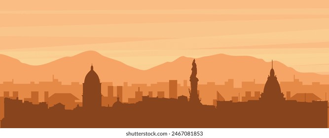 Brown panoramic poster of the city skyline with misty background buildings, sunrise, clouds and mountains of LA PAZ, BOLIVIA