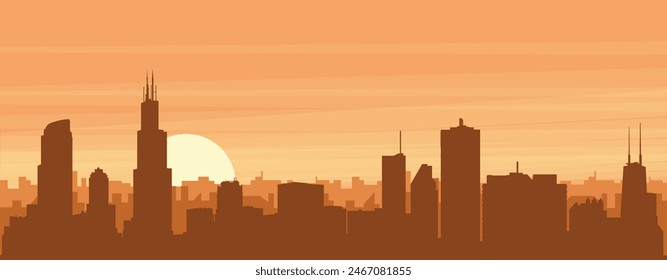 Brown panoramic poster of the city skyline with misty background buildings, sunrise, clouds and mountains of CHICAGO, UNITED STATES