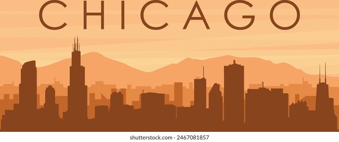 Brown panoramic poster of the city skyline with misty background buildings, sunrise, clouds and mountains of CHICAGO, UNITED STATES