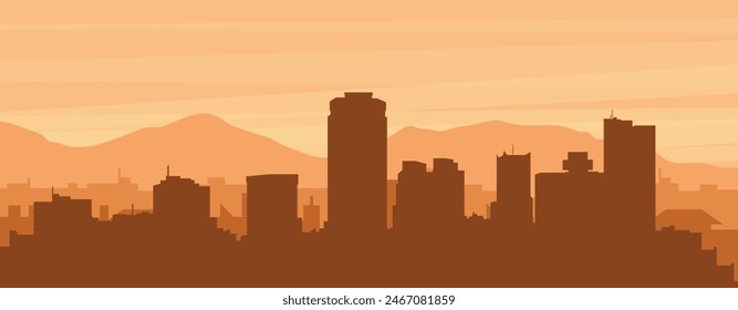 Brown panoramic poster of the city skyline with misty background buildings, sunrise, clouds and mountains of PHOENIX, UNITED STATES