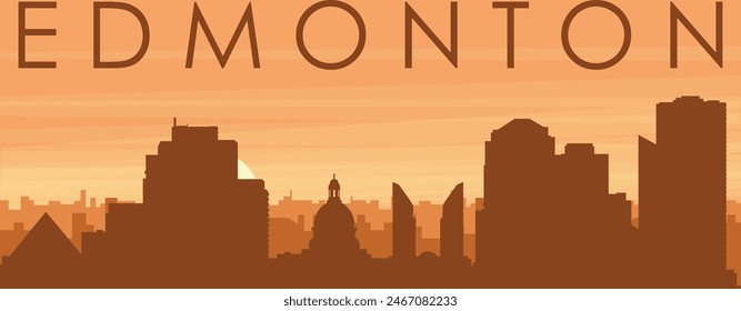 Brown panoramic poster of the city skyline with misty background buildings, sunrise, clouds and mountains of EDMONTON, CANADA