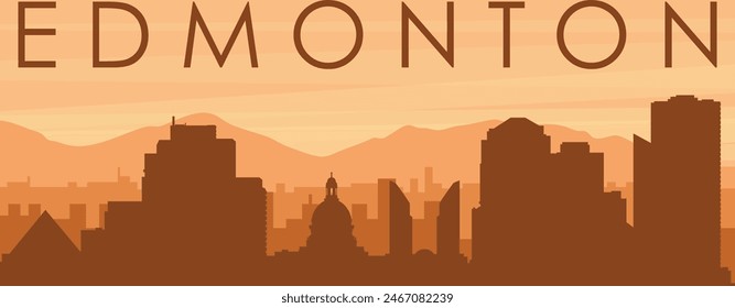 Brown panoramic poster of the city skyline with misty background buildings, sunrise, clouds and mountains of EDMONTON, CANADA