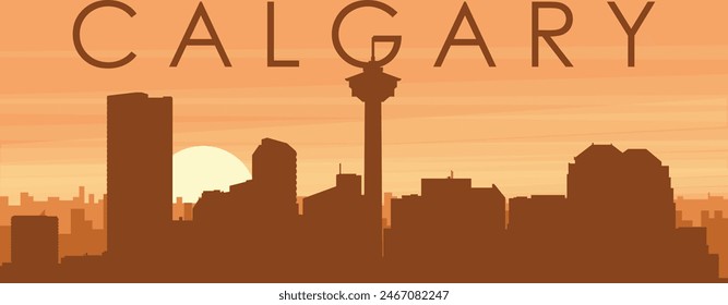 Brown panoramic poster of the city skyline with misty background buildings, sunrise, clouds and mountains of CALGARY, CANADA