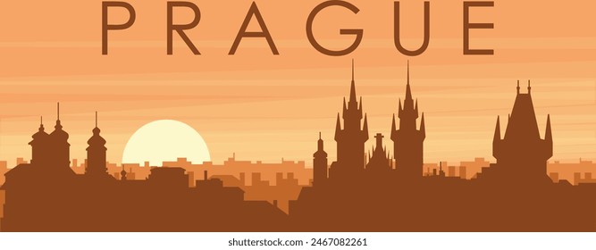 Afiche panorámico marrón del horizonte de la ciudad con edificios de fondo brumoso, amanecer, nubes y montañas de PRAGA, REPÚBLICA CHECA