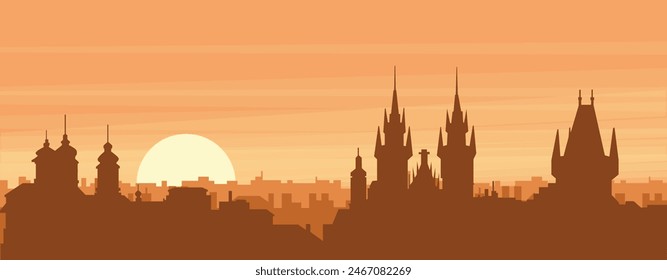 Brown panoramic poster of the city skyline with misty background buildings, sunrise, clouds and mountains of PRAGUE, CZECH REPUBLIC
