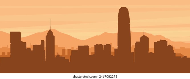 Afiche panorámico marrón del horizonte de la ciudad con edificios de fondo brumoso, amanecer, nubes y montañas de HONG KONG