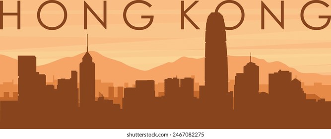 Brown panoramic poster of the city skyline with misty background buildings, sunrise, clouds and mountains of HONG KONG