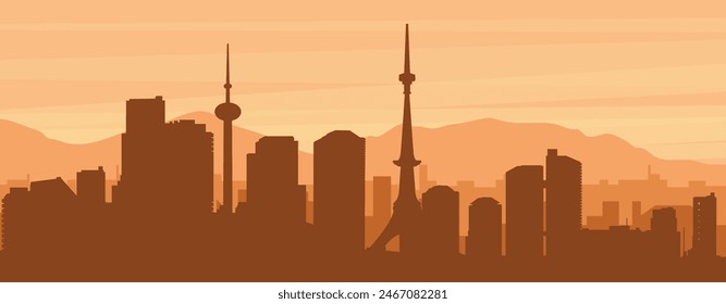 Brown panoramic poster of the city skyline with misty background buildings, sunrise, clouds and mountains of TOKYO, JAPAN