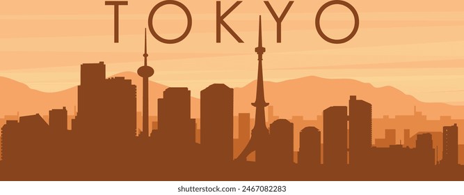 Brown panoramic poster of the city skyline with misty background buildings, sunrise, clouds and mountains of TOKYO, JAPAN