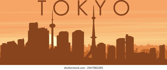 Brown panoramic poster of the city skyline with misty background buildings, sunrise, clouds and mountains of TOKYO, JAPAN