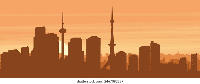 Brown panoramic poster of the city skyline with misty background buildings, sunrise, clouds and mountains of TOKYO, JAPAN