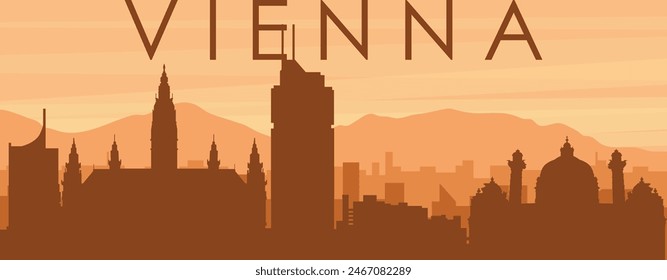 Cartel panorámico marrón del horizonte de la ciudad con edificios de fondo brumoso, amanecer, nubes y montañas de VIENA, AUSTRIA