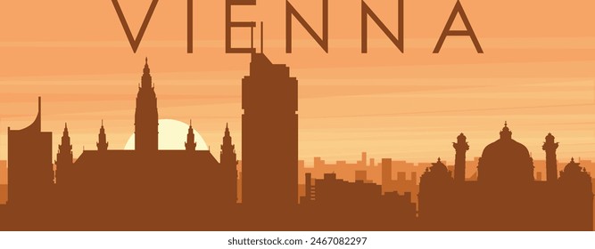 Cartel panorámico marrón del horizonte de la ciudad con edificios de fondo brumoso, amanecer, nubes y montañas de VIENA, AUSTRIA
