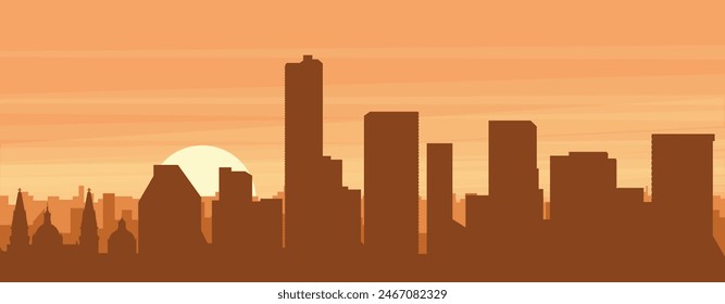 Brown panoramic poster of the city skyline with misty background buildings, sunrise, clouds and mountains of GUADALAJARA, MEXICO
