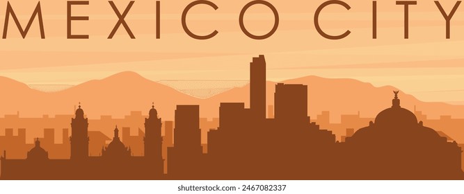 Brown panoramic poster of the city skyline with misty background buildings, sunrise, clouds and mountains of MEXICO CITY, MEXICO