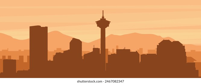Brown panoramic poster of the city skyline with misty background buildings, sunrise, clouds and mountains of CALGARY, CANADA