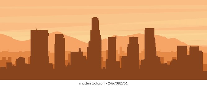 Afiche panorámico marrón del horizonte de la ciudad con edificios de fondo brumoso, amanecer, nubes y montañas de LOS ÁNGELES, ESTADOS UNIDOS