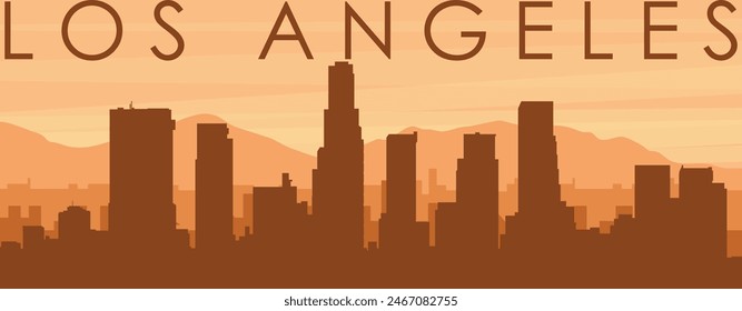 Brown panoramic poster of the city skyline with misty background buildings, sunrise, clouds and mountains of LOS ANGELES, UNITED STATES