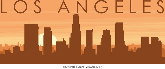 Brown panoramic poster of the city skyline with misty background buildings, sunrise, clouds and mountains of LOS ANGELES, UNITED STATES