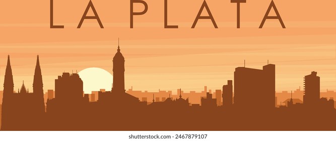 Brown panoramic poster of the city skyline with misty background buildings, sunrise, clouds and mountains of LA PLATA, ARGENTINA