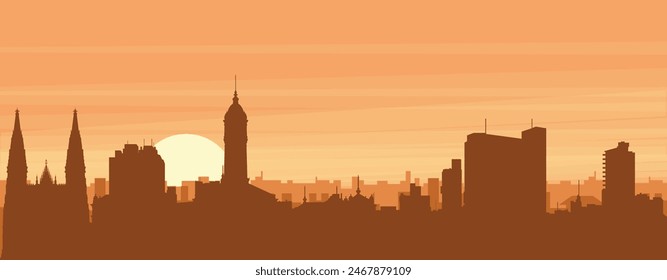 Brown panoramic poster of the city skyline with misty background buildings, sunrise, clouds and mountains of LA PLATA, ARGENTINA