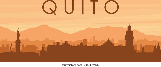 Afiche panorámico marrón del horizonte de la ciudad con edificios de fondo brumoso, amanecer, nubes y montañas de QUITO, ECUADOR