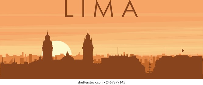 Brown panoramic poster of the city skyline with misty background buildings, sunrise, clouds and mountains of LIMA, PERU