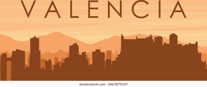 Brown panoramic poster of the city skyline with misty background buildings, sunrise, clouds and mountains of VALENCIA, VENEZUELA