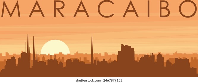 Brown panoramic poster of the city skyline with misty background buildings, sunrise, clouds and mountains of MARACAIBO, VENEZUELA