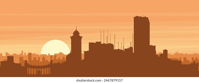 Brown panoramic poster of the city skyline with misty background buildings, sunrise, clouds and mountains of GUAYAQUIL, ECUADOR