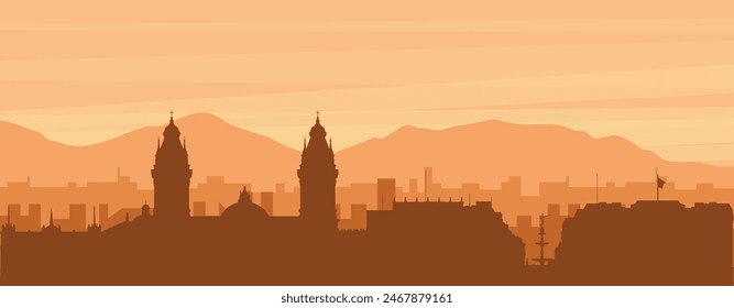 Braunes Panoramaposter der Stadtskyline mit nebeligen Hintergrundgebäuden, Sonnenaufgang, Wolken und Berge von LIMA, PERU