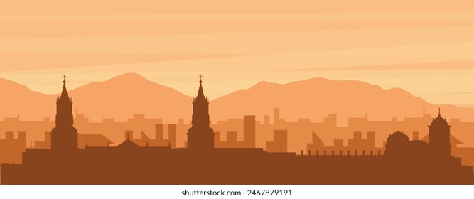 Brown panoramic poster of the city skyline with misty background buildings, sunrise, clouds and mountains of AREQUIPA, PERU