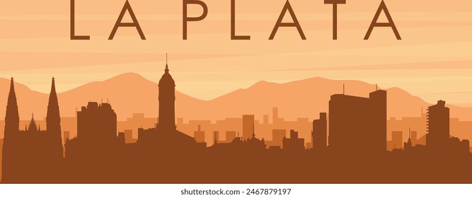 Brown panoramic poster of the city skyline with misty background buildings, sunrise, clouds and mountains of LA PLATA, ARGENTINA