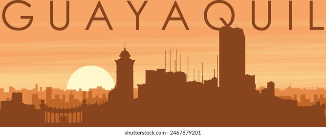 Brown panoramic poster of the city skyline with misty background buildings, sunrise, clouds and mountains of GUAYAQUIL, ECUADOR
