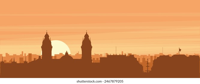 Brown panoramic poster of the city skyline with misty background buildings, sunrise, clouds and mountains of LIMA, PERU