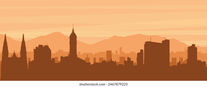 Brown panoramic poster of the city skyline with misty background buildings, sunrise, clouds and mountains of LA PLATA, ARGENTINA