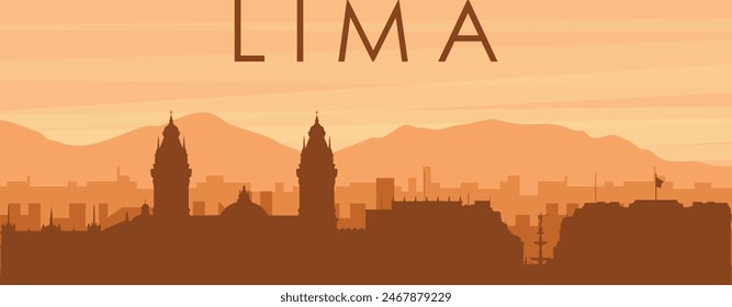 Brown panoramic poster of the city skyline with misty background buildings, sunrise, clouds and mountains of LIMA, PERU