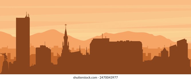 Brown panoramic poster of the city skyline with misty background buildings, sunrise, clouds and mountains of CALI, COLOMBIA