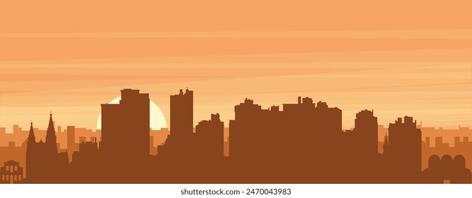 Brown panoramic poster of the city skyline with misty background buildings, sunrise, clouds and mountains of CURITIBA, BRAZIL