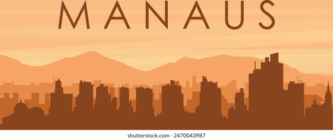 Brown panoramic poster of the city skyline with misty background buildings, sunrise, clouds and mountains of MANAUS, BRAZIL