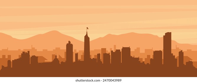 Braunes Panoramaposter der Stadtskyline mit nebeligen Hintergrundgebäuden, Sonnenaufgang, Wolken und Bergen von MEDELLIN, KOLUMBIEN