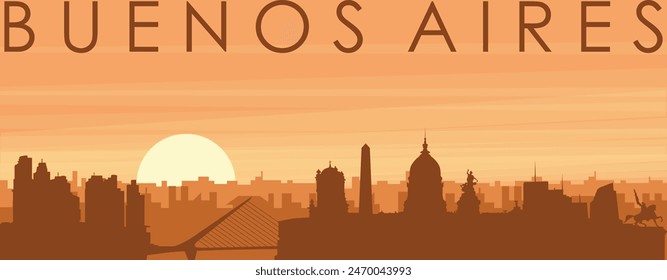 Brown panoramic poster of the city skyline with misty background buildings, sunrise, clouds and mountains of BUENOS AIRES, ARGENTINA