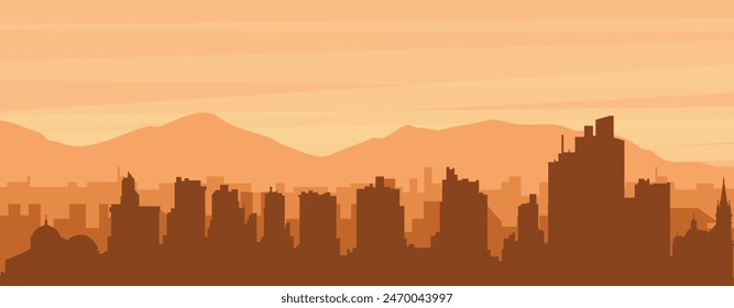 Brown panoramic poster of the city skyline with misty background buildings, sunrise, clouds and mountains of MANAUS, BRAZIL