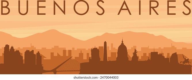 Brown panoramic poster of the city skyline with misty background buildings, sunrise, clouds and mountains of BUENOS AIRES, ARGENTINA