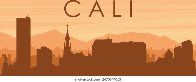 Brown panoramic poster of the city skyline with misty background buildings, sunrise, clouds and mountains of CALI, COLOMBIA