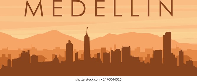 Brown panoramic poster of the city skyline with misty background buildings, sunrise, clouds and mountains of MEDELLIN, COLOMBIA