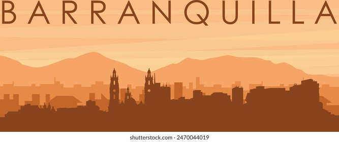 Brown panoramic poster of the city skyline with misty background buildings, sunrise, clouds and mountains of BARRANQUILLA, COLOMBIA